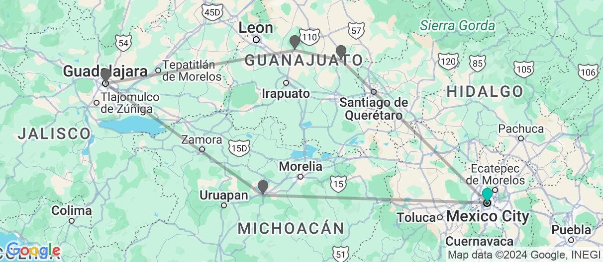 Map of Ciudades coloniales y Altiplano Central