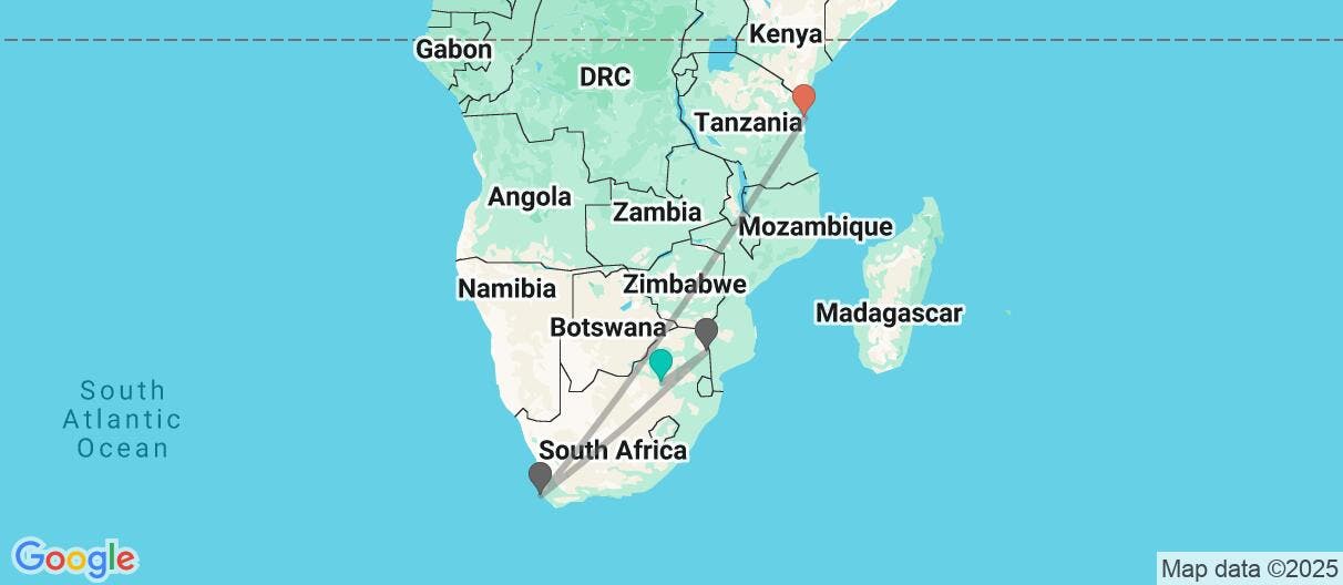 Map of Kruger, Ciudad del Cabo y Zanzíbar